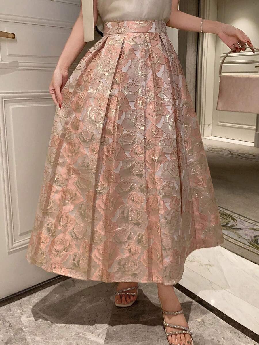 DAZY Women's Elegant Rose Jacquard Pleated Skirt, Spring/Summer - Pink - View 1