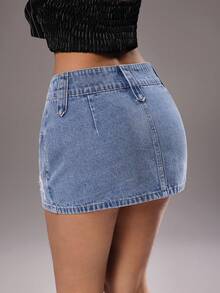 TRNVIE 女士修身休闲做旧牛仔迷你裙，夏季百搭 - 淺色水洗藍 - 查看 2