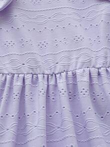 女童镂空针织连衣裙，圆领短袖，松紧腰带，荷叶边下摆，适合通勤、度假、海滩等多种场合。 - 紫色 - 查看 7