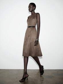 Lumivelle Women's Round Neck Solid Color Suede A-Line Dress With Waist Belt, Spring/Summer Chocolate Brown Dress Coffee Brown Dress - Brown - View 4