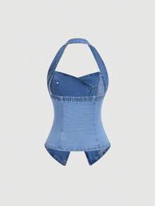 SHEIN MOD Women's Y2K Single-Breasted Casual Halter Denim Top - Blue - View 2