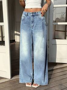 Sunnyshic Women's Casual Washed Loose Straight Leg Jeans - Blue - View 5