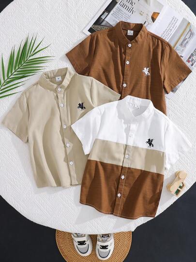 三件套：男童图案立领短袖衬衫