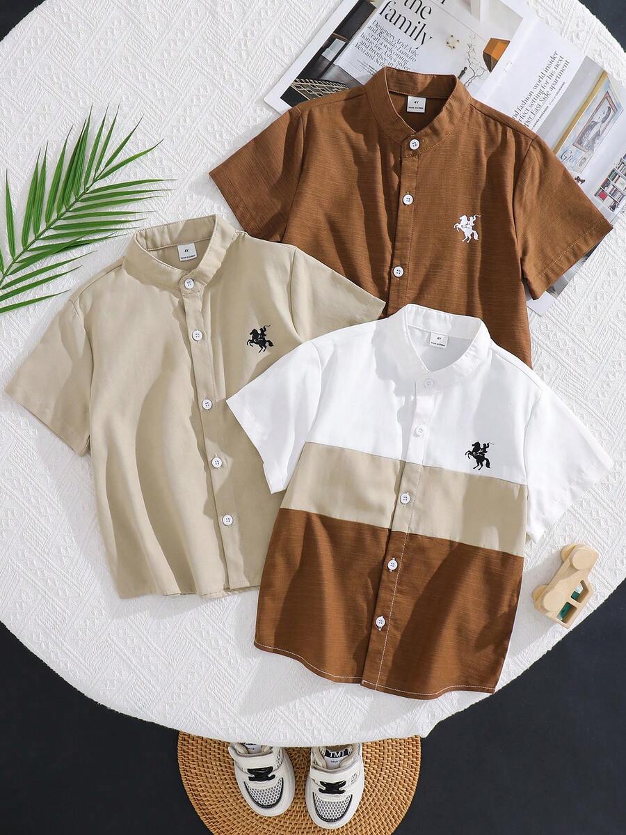 三件套：男童图案立领短袖衬衫 - 卡其色 - 查看 1