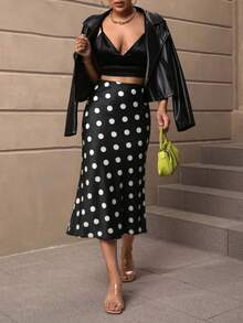 SHEIN BAE 女士波点印花高腰优雅鱼尾裙，夏季女装 - 黑色 - 查看 3