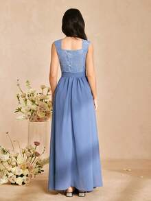 SHEIN 少女撞色蕾丝方领无袖优雅派对连衣裙 - 水鴨藍 - 查看 2