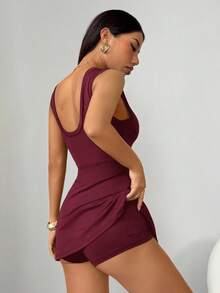 SHEIN PETITE 女款純色極簡無袖連身褲，適合日常穿著，小碼女款 - 酒紅色 - 查看 2