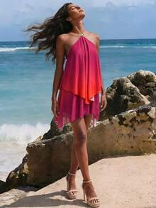 Nevyona 吊带飘逸渐变印花露背短裙，花卉装饰喇叭裙摆优雅俏皮派对连衣裙，适合海滩度假、情人节外出 - 橘色 - 查看 5