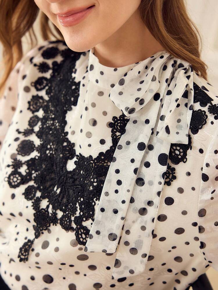 POLKA DOT TIE NECK GUIPURE LACE DETAIL BELL SLEEVE TOP