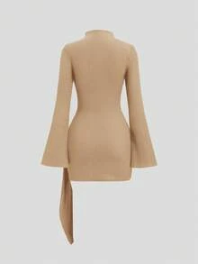 SHEIN Sweetro Waist-Cinching Minimalist Flare Sleeve Bodycon Cinched Waist Dress - Khaki - View 2