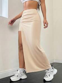 SHEIN EZwear 女款純色百褶開衩裙，休閒大腿長度修身自然杏色裙，適合春季/秋季日常穿著 - 杏色 - 查看 4