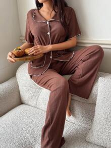 Dream Adore Women's Knitted Textured Casual Pajama Set - Brown - View 5
