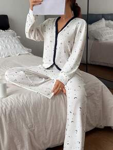 DAZY Star & Moon Ditsy Floral Contrast Trim Women Pajama Set - White - View 6