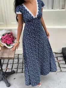 SHEIN PETITE Đầm maxi dáng chữ A cổ chữ V tay phồng eo thon màu xanh hải quân điểm xuyết ren trắng họa tiết hoa trà, thích hợp cho phái nữ nhỏ nhắn, mùa xuân/hè, đi biển, thanh lịch, ngọt ngào, dễ thương, lãng mạn, thường ngày, tối giản, đa năng. - Màu xanh hải quân - Xem 4