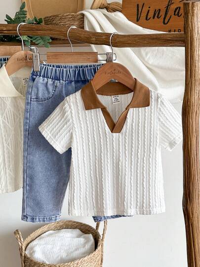 SHEIN Vintaside Kids Toddler Boys' Casual Lapel Short Sleeve Top Paired With Fashionable Washed Denim Pants Set, Suitable For Daily Wear, Family Camping, Dining Or Shopping