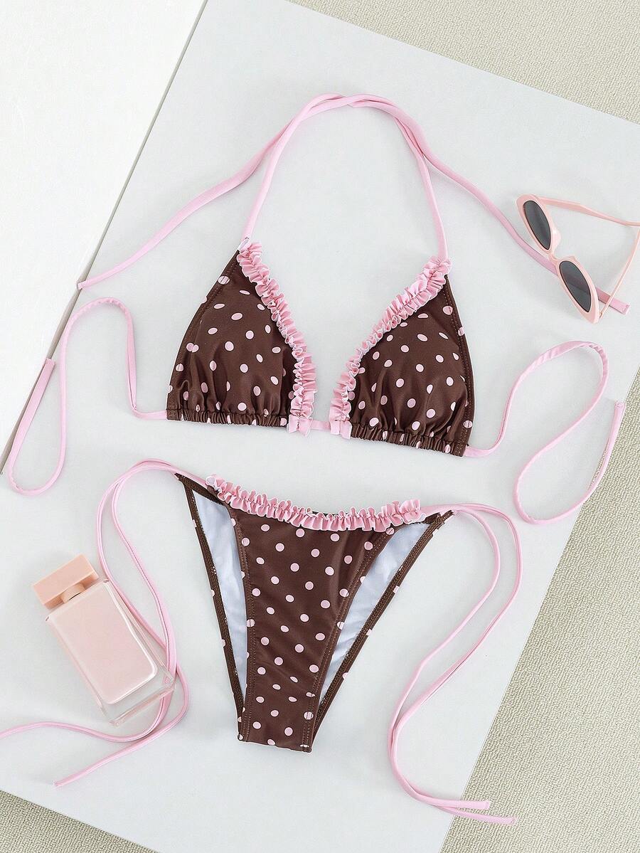 Bonvoyette Women's Summer Beach Polka Dot Halter Tie Sexy Bikini Swimwear Set - Multicolor - View 1