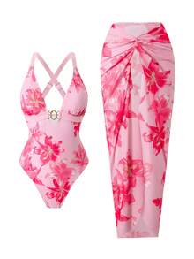 Swim Oasis Bộ đồ bơi nữ, váy maxi họa tiết hoa khoét lỗ, kiểu đan chéo, trang phục đi biển mùa hè 2 mảnh. - Hồng - Xem 4
