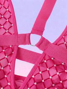 FeverCity Mono sin espalda con cuello halter y detalles de diamante de imitación para hombre - Rosa Fucsia - Ver 6
