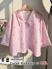 SHEIN CURVE+ Plus Size Women's Floral Print Ruffle Long Sleeve Loose Blouse, Casual Outdoor Wear, Valentine's Day, Going Out Tops - Black - View 1