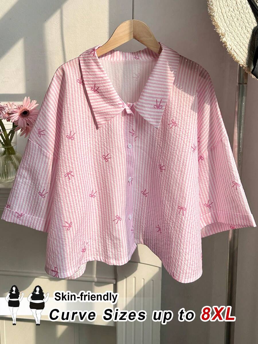 SHEIN CURVE+ Plus Size Women's Floral Print Ruffle Long Sleeve Loose Blouse, Casual Outdoor Wear, Valentine's Day, Going Out Tops - Black - View 1