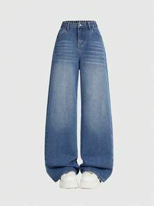 Jeans de pierna ancha con diseño de lavado desgastado vintage clásico azul oscuro, aplicación de dígito "67" y bordado de estrella multicolor para adolescentes - Azul lavado oscuro - Ver 5