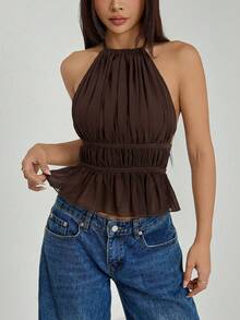 SHEIN PETITE Women's Pleated Halter Neckline Waist-Tied Backless Tank Top Coffee Brown Top - Coffee Brown - View 7