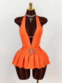 Amplova Deep V-Neck Metal Belt Buckle Decor Slit Pleated Bodycon Dress - Orange - View 6