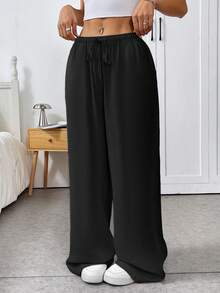 CovetEZ Woven Drawstring Waist Wide Leg Women Long Pants, Black Pants For Summer - Black - View 6