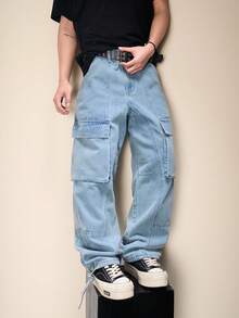 Manfinity Roghcode New Casual Light-Colored Straight Leg Wide Leg Jeans - Blue - View 3