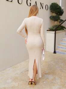 Cioccolato Women's Autumn/Winter Elastic Knit Textured Dress, Turtleneck Bodycon Dress, Metal Buckle Design Dress, Elegant Ladies Dress, Casual Dress, Autumn/Winter Women's Clothing, Party Dress - Apricot - View 2