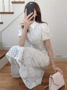FRIFUL Vestido largo ajustado con cintura acampanada de unicolor, versátil para primavera y verano - Beis - Ver 1