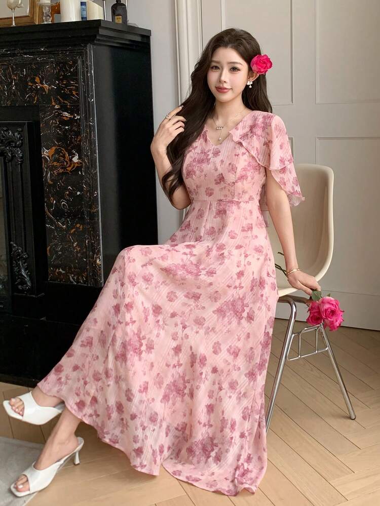 Women's Elegant Floral V-Neck Ruffle Sleeve Mid-Length Dress, Summer,Wedding Guest Dress Women Sundress Boho