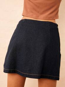 Aralina Women Summer Denim Side Button Mini Skirt Cute Valentines Day Holiday Vacation Outfit Y2K Stockholm Style - Dark Wash - View 8