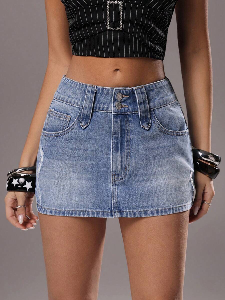 TRNVIE 女士修身休闲做旧牛仔迷你裙，夏季百搭 - 淺色水洗藍 - 查看 1