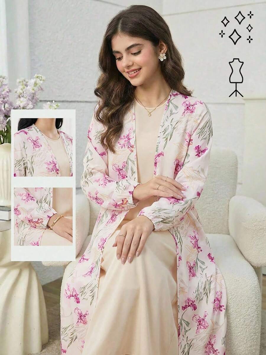 Sparklyn Bộ áo choàng Abaya Jalabiya in hoa và chân váy maxi rộng, trang phục dành cho nữ tuổi teen, thích hợp cho các sự kiện văn hóa, hoạt động ngoài trời, lễ hội, mùa xuân/thu. - Nhiều màu - Xem 1