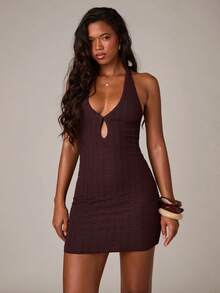 SHEIN BAE 女士休闲度假纹理串珠露背吊带迷你连衣裙，适合海滩度假、音乐节、波西米亚风度假、海滩旅行、休闲旅行、夏季穿搭纹理连衣裙，棕色纹理连衣裙 - 咖啡棕 - 查看 7