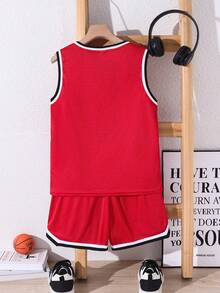 SHEIN 2pcs Tween Boy Casual Loose Sports Letter Graphic Tank Top And Shorts Set, Suitable For Commuting, School, Daily Casual Wear, Sports, Spring/Summer - Red - View 2