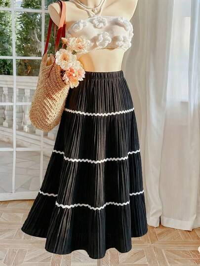 SHEIN ChillGRL Chân váy xếp ly dài, chân váy xòe, phối màu, viền bèo nhún lượn sóng, thanh lịch, thoải mái, phù hợp mặc hàng ngày mọi mùa.