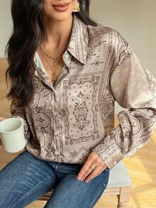 Vivie Lora 女士宽松腰果花长袖优雅衬衫 - 卡其色 - 查看 8