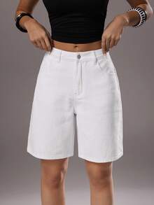 TRNVIE Women's Low Waist White Casual Loose Bermuda Denim Shorts With Pockets - White - View 4