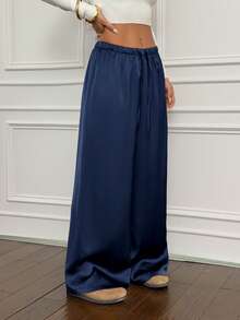 SHEIN PETITE 女士低腰休闲复古缎面百搭棕色美拉德色长裙 - 藏蓝色 - 查看 6