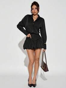 PETITE Conjunto casual para mujer, atuendos de otoño para mujer, falda de burbujas marrón y blusas, rayas marrones - Negro - Ver 5