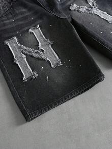 ROMWE MEN Street Life 男士休闲牛仔短裤，带口袋和字母贴片 - 黑色 - 查看 5