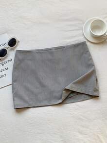 Comfortcana 女士休闲浅灰色低腰迷你裙，夏季灰色半身裙 - 淺灰色 - 查看 3