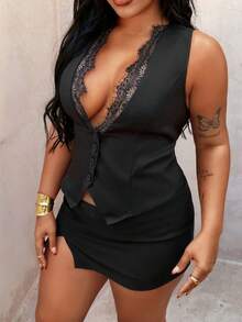 Rustia 大码无袖深V领花卉拼接开襟优雅简约性感度假派对日常穿着女式西装外套 - 黑色 - 查看 6