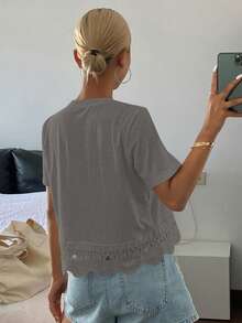 Women's Solid Color Fitted Round Neck Short Sleeve Lace Patchwork Casual Summer Top T-Shirt - Grey - View 2