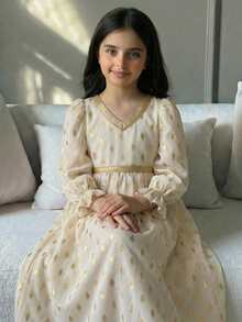 SHEIN Abito arabo con maniche lunghe, paillettes e stampa floreale bianca per ragazza, Jalabiya per ragazza, caftano con stampa floreale minuta, abito da preghiera - Bianco - Visualizzare 3