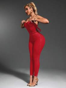 SHEIN SXY Solid Color Fitted Tie-Front Backless Sleeveless Denim Jumpsuit, Summer - Red - View 3
