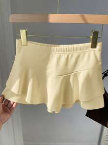 SHEIN EZwear Váy quần nữ cạp chun co giãn, màu trơn, kiểu dáng tối giản, phù hợp cho đi làm hàng ngày và mùa hè. - Vàng nhạt - Xem 3