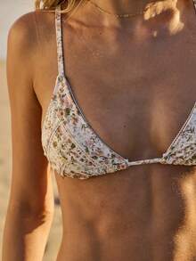 Aralina Bộ bikini 3 mảnh màu trắng họa tiết hoa nhí, thích hợp cho mùa hè, xuân, đi biển, du lịch, nghỉ mát, kiểu tam giác, buộc dây bên hông, cổ yếm, đính cườm, gợi cảm, kèm túi đựng đồ bơi và viền ren hoa. - Nhiều màu - Xem 3
